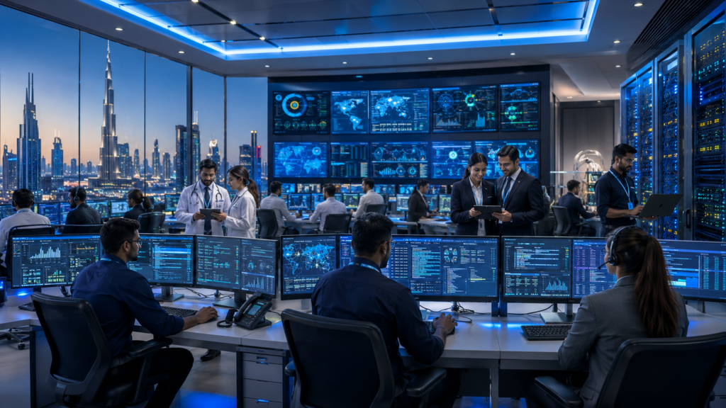 Managed IT Services In Doha for healthcare and hospitality businesses with enterprise IT engineers monitoring secure cloud infrastructure and cybersecurity systems.