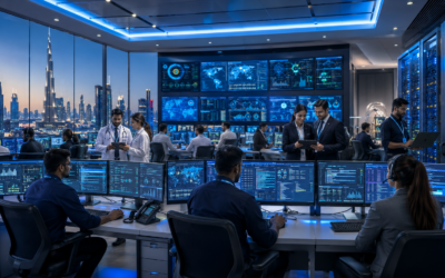 Managed IT Services In Doha for healthcare and hospitality businesses with enterprise IT engineers monitoring secure cloud infrastructure and cybersecurity systems.